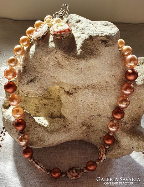 Pearl fire enamel necklace earring set jewelry handicraft