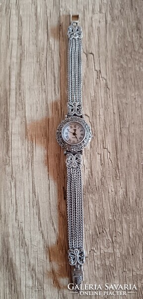 Old silver women's jewelry watch, wristwatch with marcasite decoration