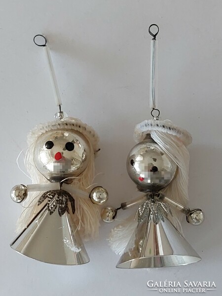 Old glass Christmas tree ornament with long hair silver angel eye glass ornament with halo 2 pcs