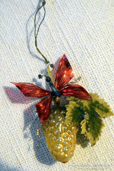 Old unique glass bunch of grapes Christmas tree decoration with butterfly 9x8.5cm