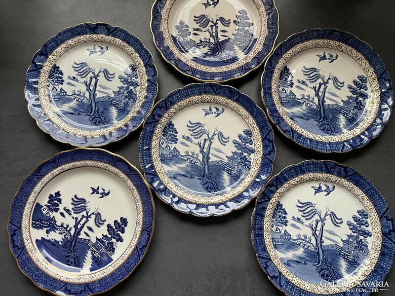 Real old willow English porcelain cake set, 6 small plates and 1 larger serving tray