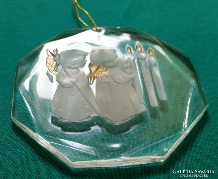 Régi bájos angyalkás áttetsző áttetsző műanyag, akril karácsonyfadísz 8 x 8 cm