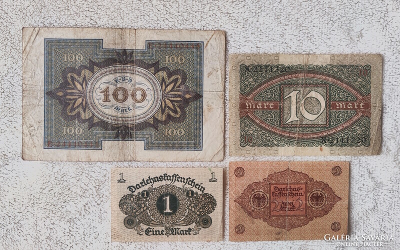 1920-as márka sor: 1, 2, 10, 100 (VF-F) – Német weimari köztársaság | 4 db bankjegy