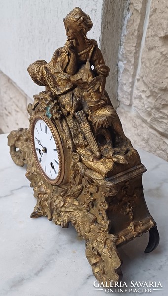 Beautiful antique half-burner fireplace clock, bronze, gilded half-burner with statue