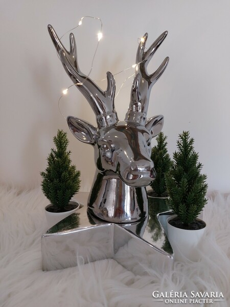 Karácsonyi ezüst kerámia szarvasfej dekoráció 27 cm