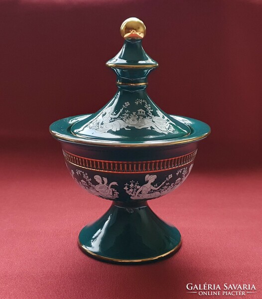 Fiorentine Italian Scenery Green Turquoise Porcelain Ceramic Bonbonier Table Centerpiece with Gold Edge