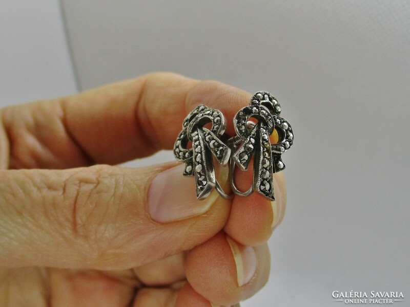 Beautiful antique silver earrings with marcasite stones, screw clip