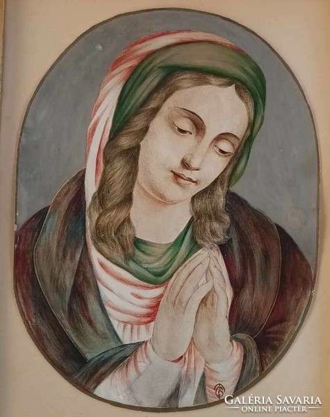Molnár c. Pál praying madonna exhibited in gallery - watercolor holy picture