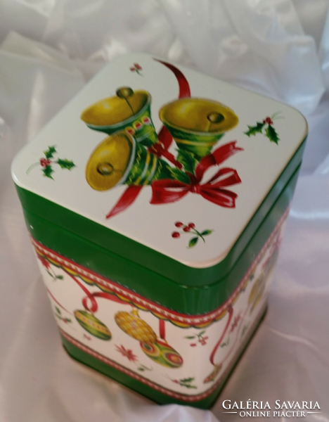 Karácsonyi fém teás/sütis dobozka, karácsonyi dekoráció  7 x 7 x 10 cm