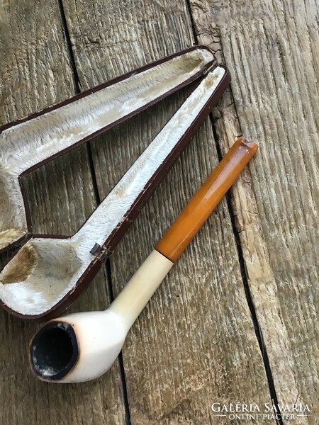 Antique tajték pipe with amber tip in its case