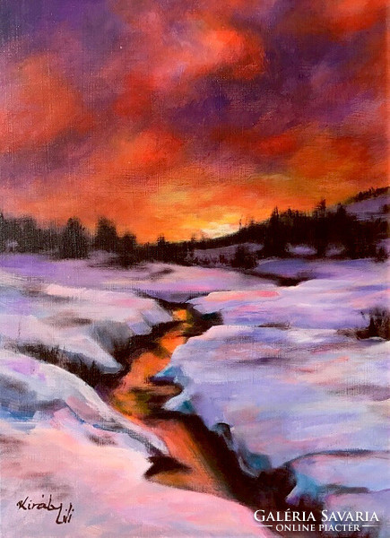 Setting winter sun - acrylic painting - 40 x 30 cm