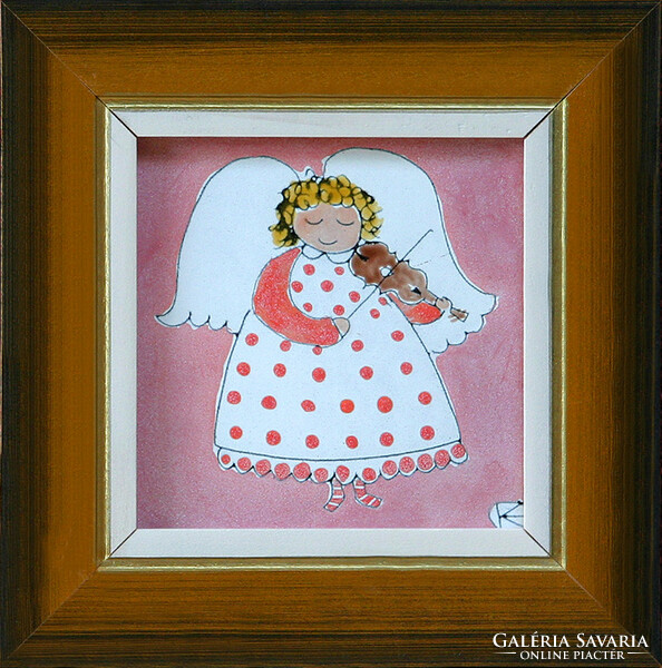 Kornelia Feher: Angel with violin - fire enamel - framed 18x18cm - artwork 10x10cm - 23/852