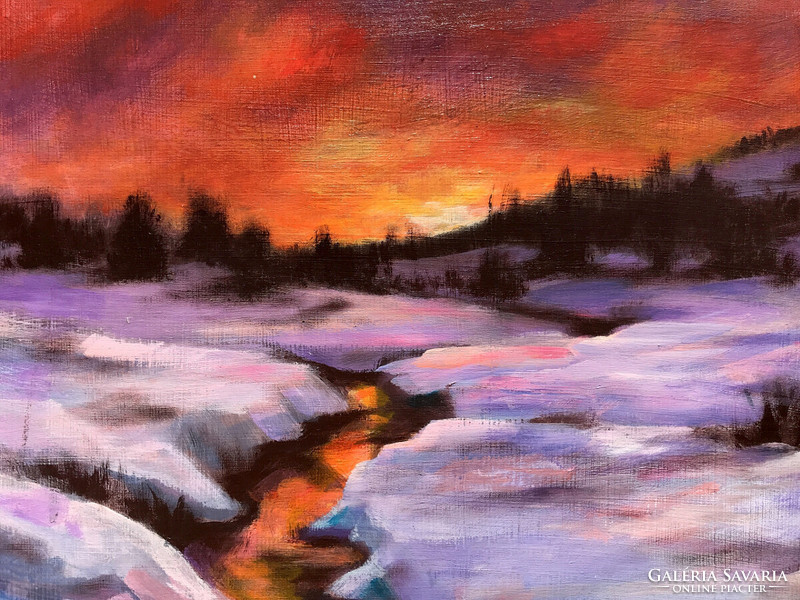 Setting winter sun - acrylic painting - 40 x 30 cm