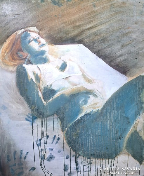 Nora Pádár: reclining woman (oil painting 80x100 cm) modern, contemporary Hungarian - mystical portrait of a woman