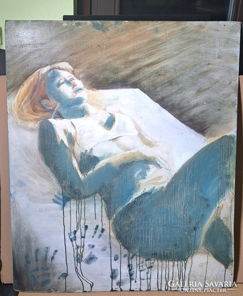 Nora Pádár: reclining woman (oil painting 80x100 cm) modern, contemporary Hungarian - mystical portrait of a woman