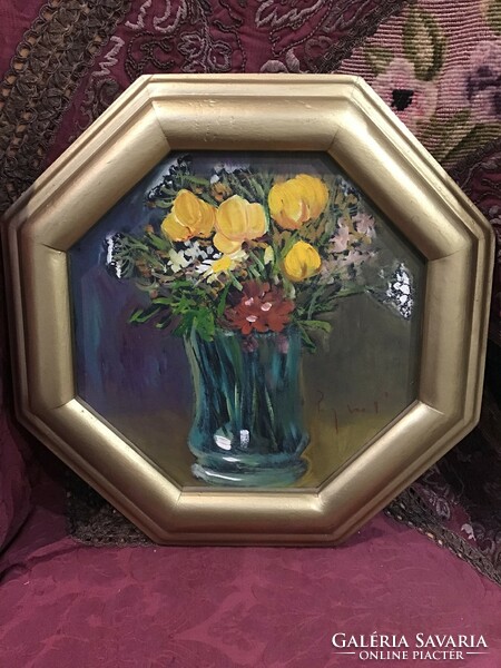 Kortárs festő : Virágcsokor vázával olaj, karton 8 szögletű keretben