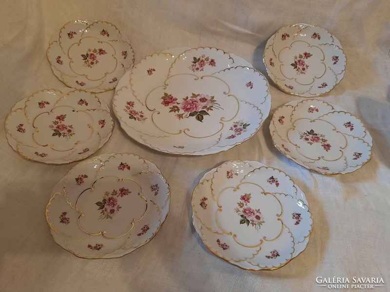 Zsolnay porcelán rózsa mintás süteményes készlet aranyozással