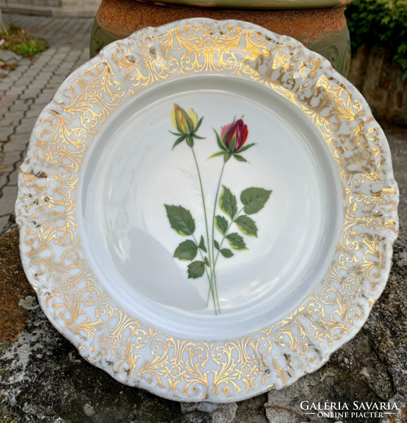 Old Bavarian rose pattern gold painted porcelain plate, rose decorative bowl, painted tray, table centerpiece