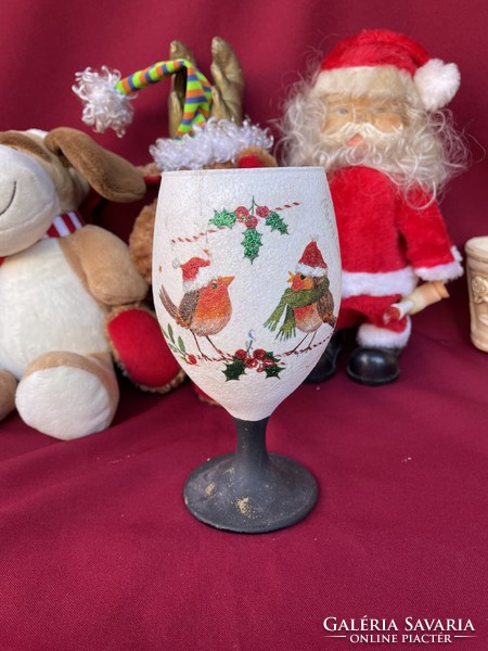 Gyönyörű Madaras madárral díszített üveg pohár Karácsonyi ünnepi ünnep  Karácsony