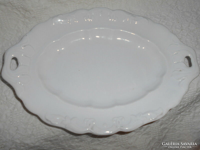 Zsolnay white thick porcelain bowl with a handle, with a circular pattern protruding from the material of the rim