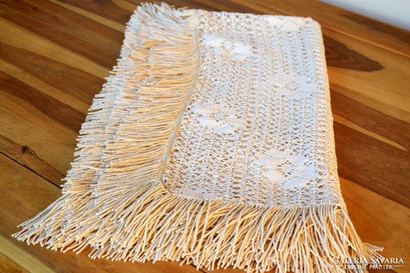 Old antique crochet fillet tablecloth table centerpiece with fringes 120 x 115