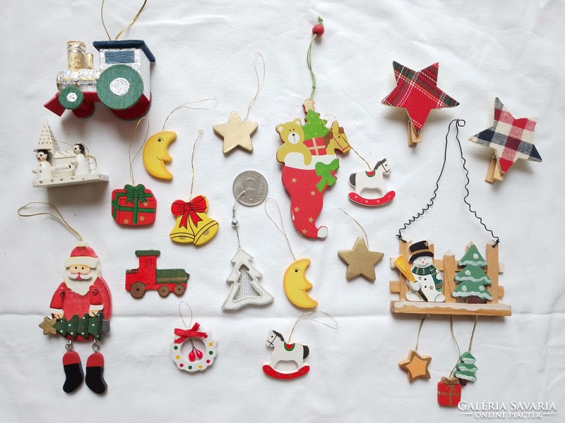 Mini wooden figure Christmas tree ornaments star moon rocking horse Santa bell locomotive angel wreath pine tree