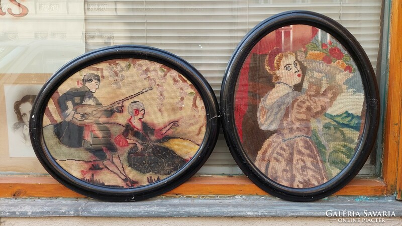2 Old oval glazed black wooden picture frames with tapestry, inside size 50x40 cm