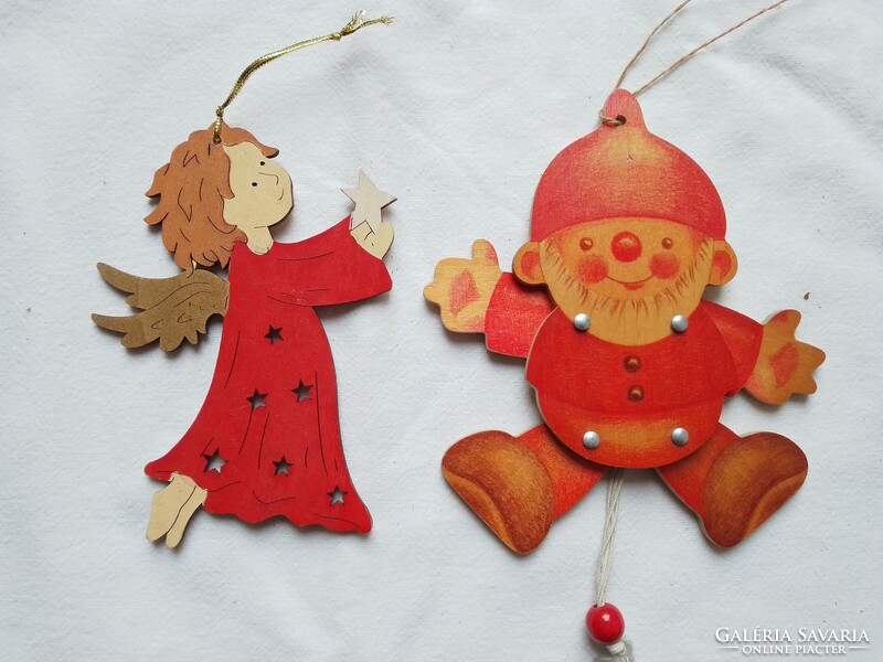 Lovely wooden Christmas tree ornaments winged angel and Santa's elf figure holiday decoration