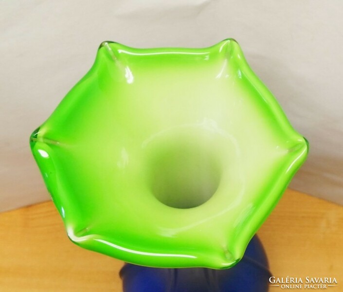Blue-white-green flower-shaped vase with ribbed sides Murano Italy