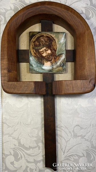 Judit H. Gőcze - Jesus on the cross - fire enamel picture on a wooden cross