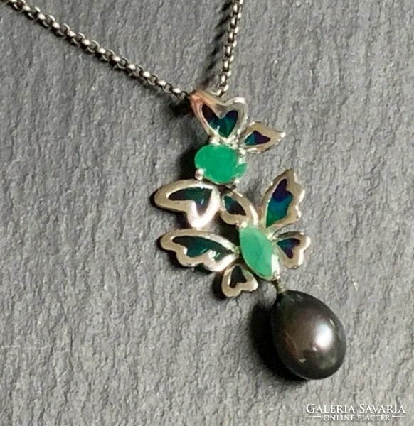 Charming butterflies, silver pendant with emerald and Tahitian pearl /925/ --new