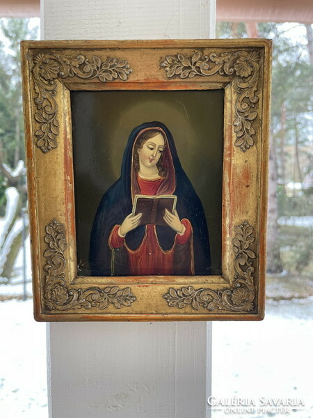 Original 19th century picture of the Virgin Mary painted on metal, 17x15cm