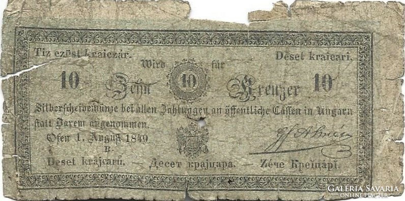 10 kreuzer krajczár krajcár 1849 Almásy bankó