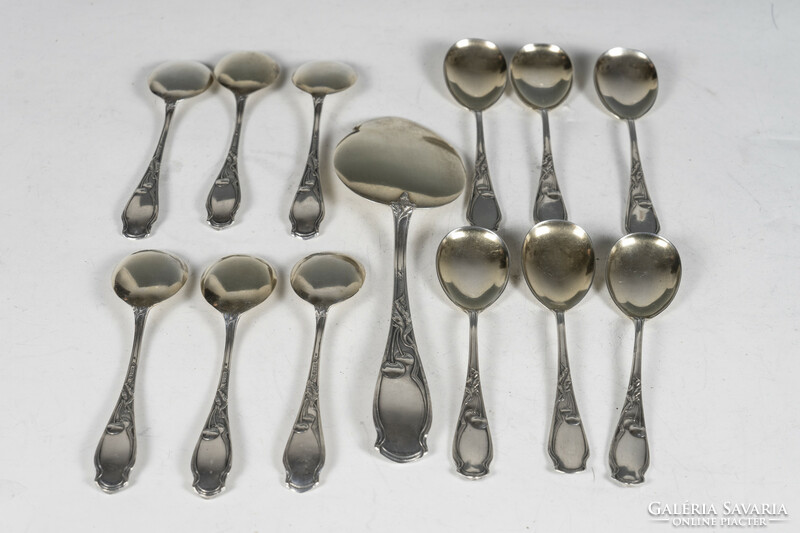 Silver art nouveau pudding/cream spoon set with serving dish (12 persons)