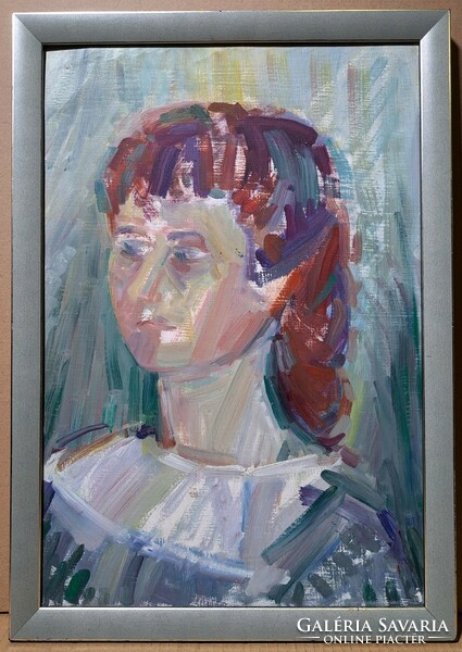 Női portré - olajfestmény ezüst keretben, kortárs női arckép