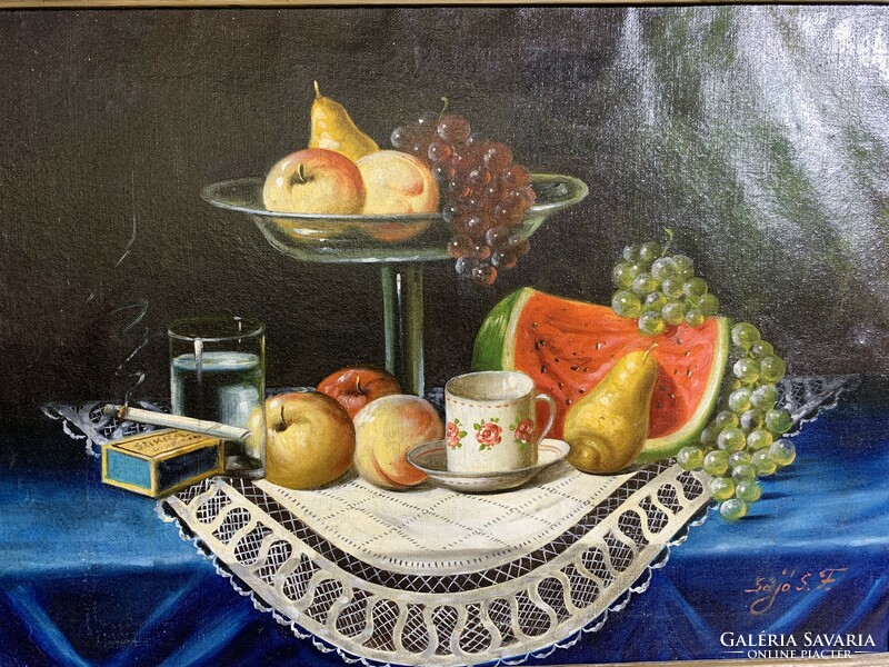 Sajó with sign, oil on canvas, still life, painting, 50 x 70 cm