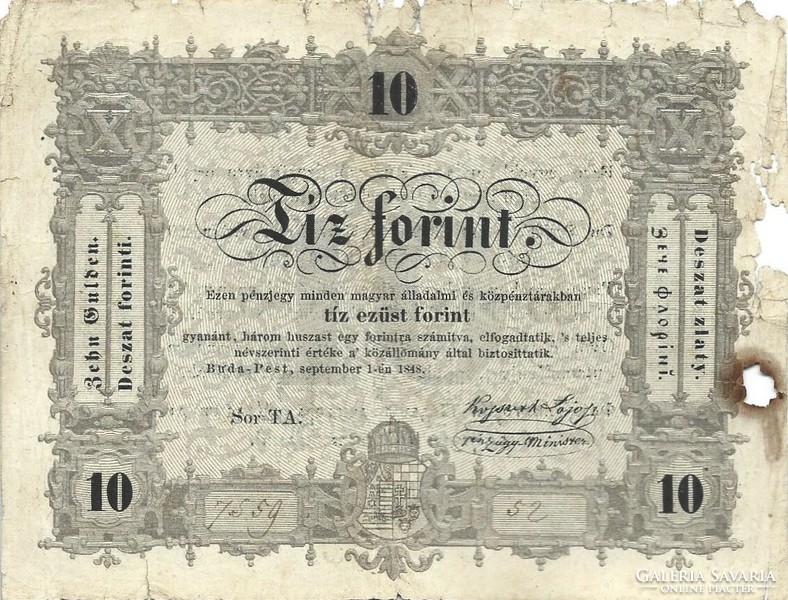 10 forint 1848 Kossuth bankó Szöveghibás "büntettetnek" helyett "büntetettnek" Ritka