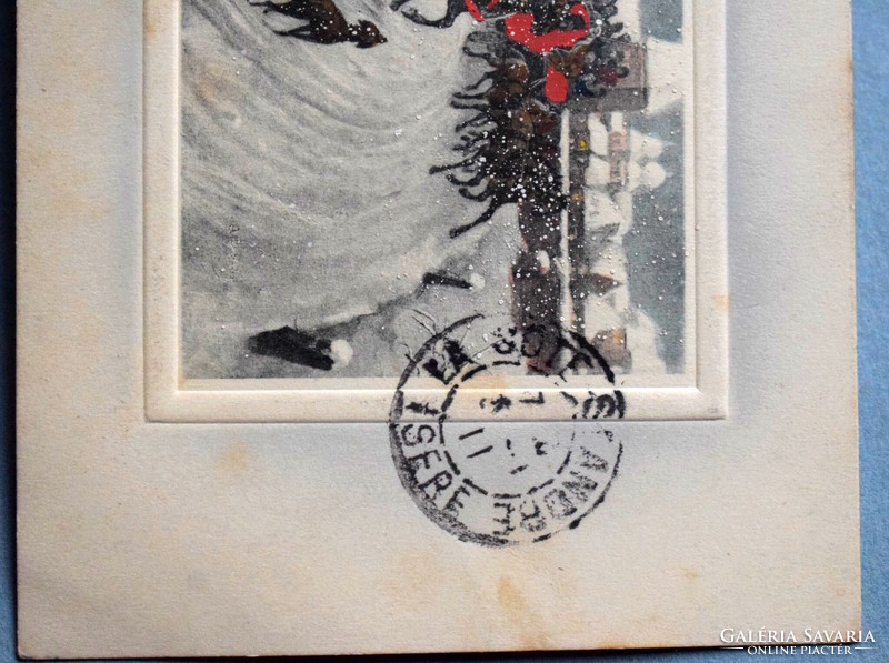 Antik V.K. Vienne dombornyomott Újévi üdvözlő képeslap -téli táj , hóesés ,lovas szán 1911