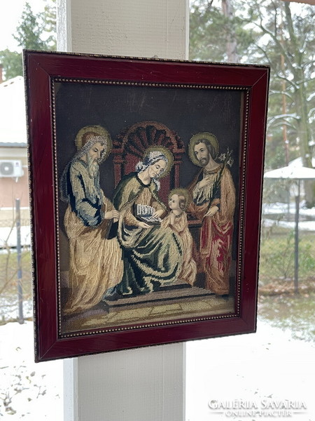 Around 1840, textile pearl image of the Holy Family
