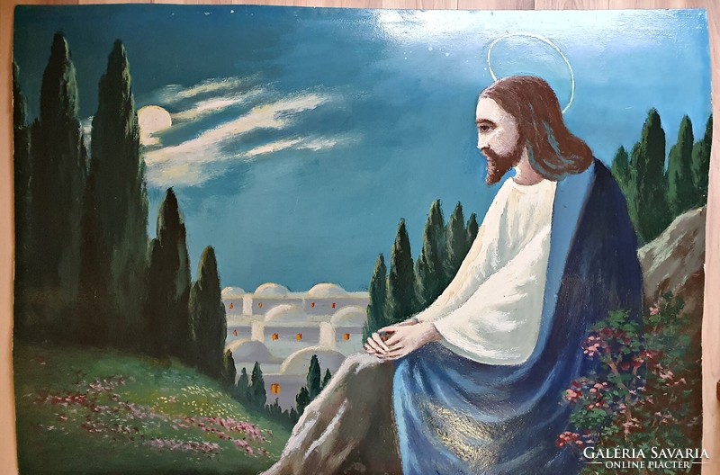 Jézus az Olajfák hegyén. Olajfestmény kartonra, 1950-es évekből.