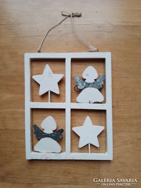 Kedves karácsonyi fa-fém fehér szárnyas angyalka és ezüst csillag ablakdísz ünnepi dekoráció
