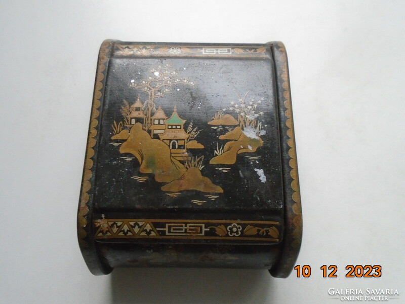 1940 Vintage black lacquer and metal cigarette holder box with a colorful oriental landscape