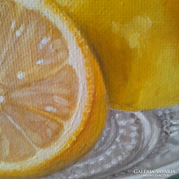 Lemon-lavender still life, oil painting