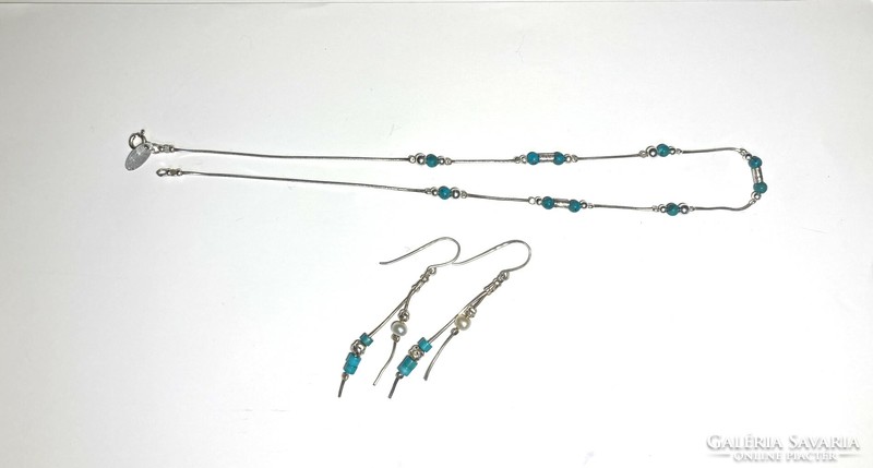 Israeli silver jewelry set: necklace and earrings, with turquoise and pearls, magnolia