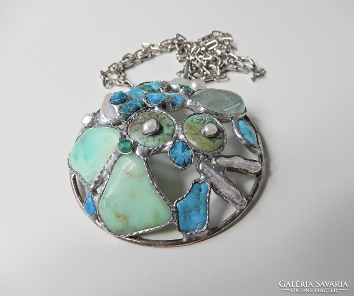 Silver necklace with large pendant and minerals