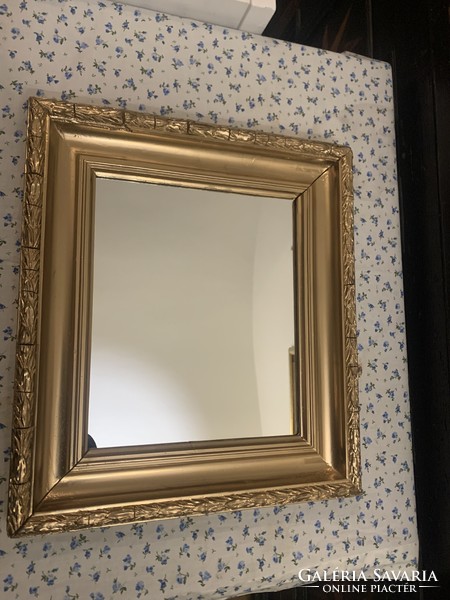 Antique mirror, blonde frame, with new mirror 33x37 cm