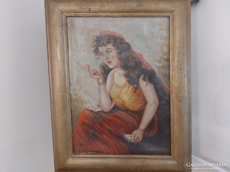 (K) signed gypsy girl painting 77x99 cm in a solid wooden frame. It requires restoration