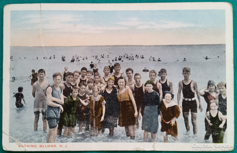 Antique colored postcard, 1922, bathing place Belmar, New Jersey, bathers, beachgoers