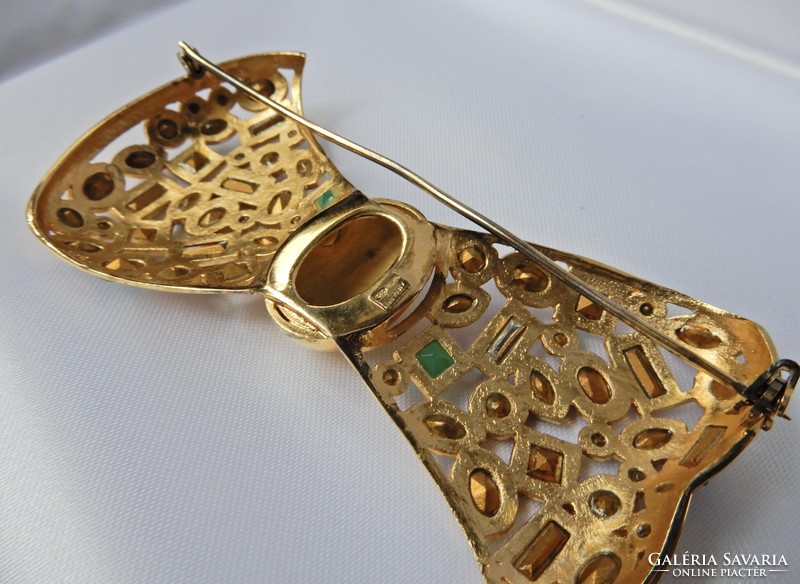 Régi AIROLDI olasz nagyméretű aranyozott ezüst bross ékkövekkel