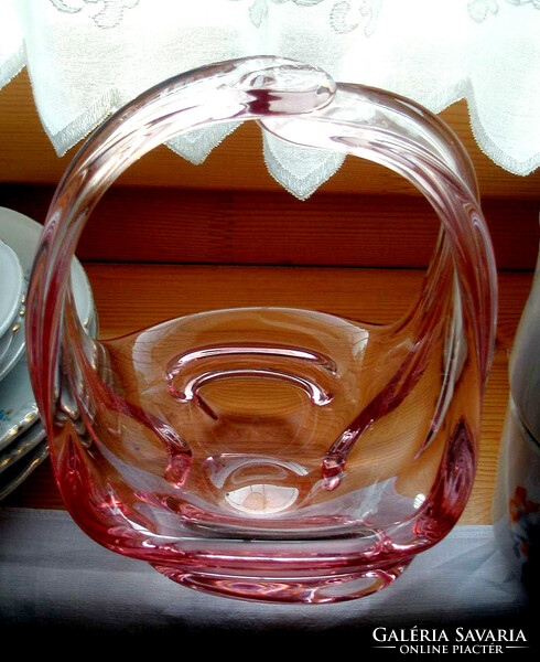 SKRDLOVICE rózsaszínű cseh művészi üveg kosár kínáló -  Art&Decoration